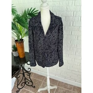 Chico's Travelers Jacket Women 1 Navy Silver Excellent Paisley Textured Knit